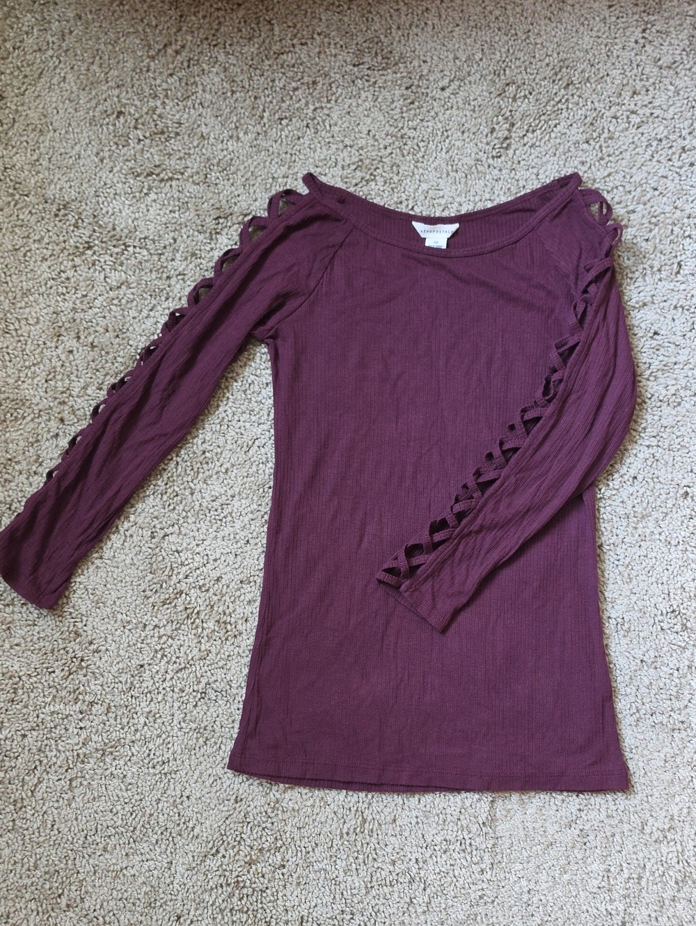 Aeropostale Plum Lattice-Sleeve Ribbed Top